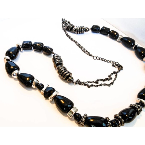 Vintage Black Nugget Necklace Lucite Beads 32-38 Inch Victorian Style - Picture 2 of 6
